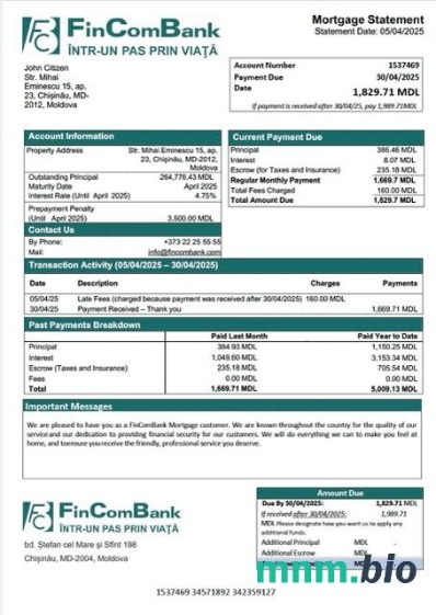 Mołdawia FinComBank wyciąg z kredytu hipotecznego szablon Word i PDF